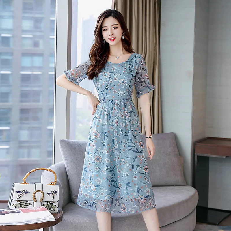 High Quality Mulberry Silk Mid-length Dress Female Summer Flower and Slender Silk Female Dress #A53