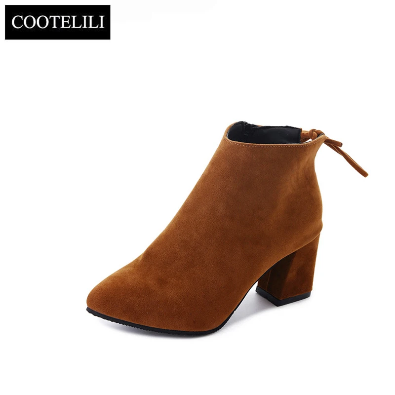 

COOTELILI Ankle Boots Women Heels Casual Shoes Woman Suede Leather Black Boots For Female Botas Mujer Pointed Toe Lace up