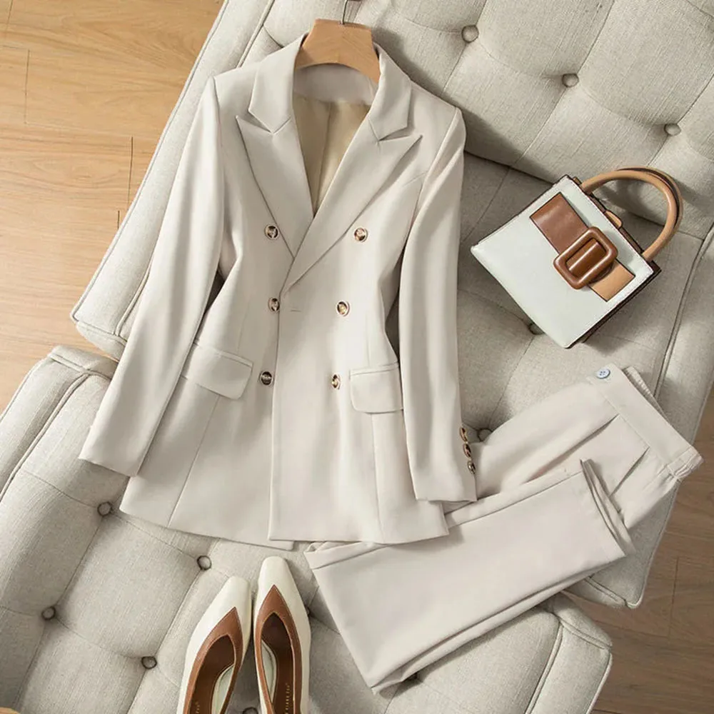 

2021 Spring Autumn New Office Ladies Suit Beige Elegant Blazer Women Loose Double-breasted Straight Suit Trousers Two-piece Suit