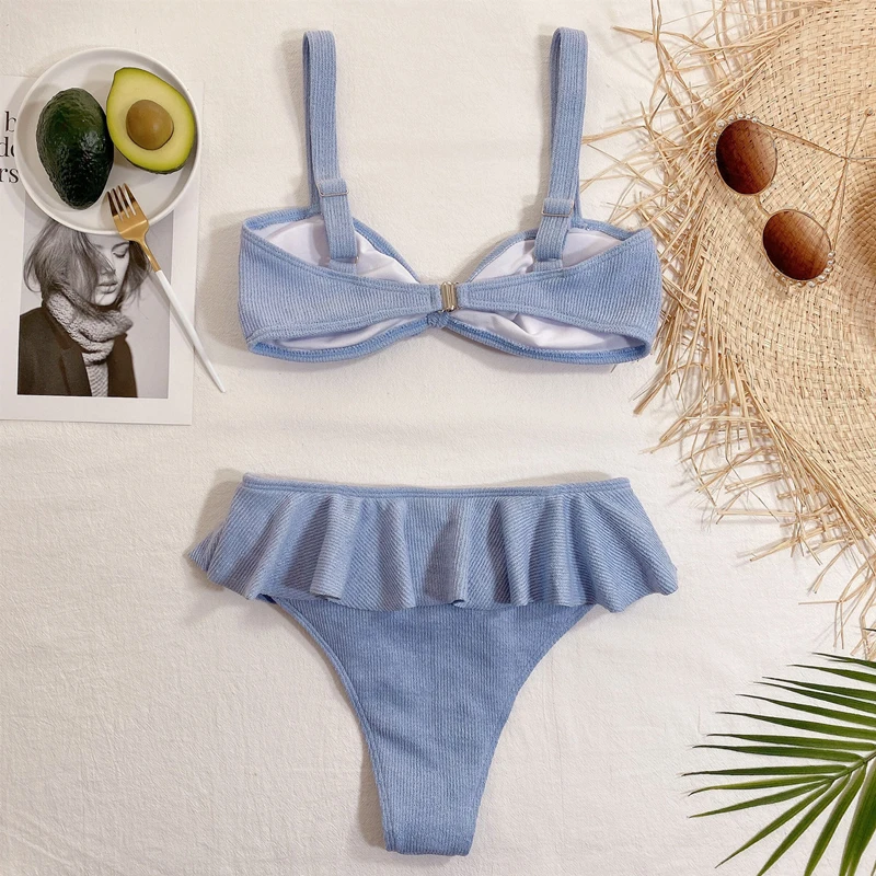 Купальник из двух предметов купальный костюм синий для женщин с оборками снизу