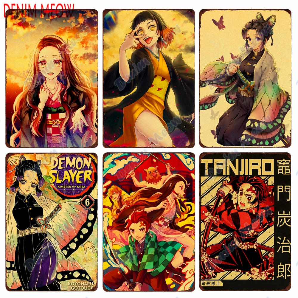 

New Style Japan Anime Decor Vintage Demon Slayer Metal Wall Decaration Anime Metal Tin Sign Wall Printing Room Art Poster WY183