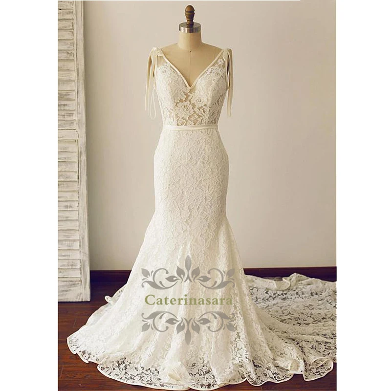 Русалка Кружева Свадебные платья сексуальный v образный вырез без бретелек