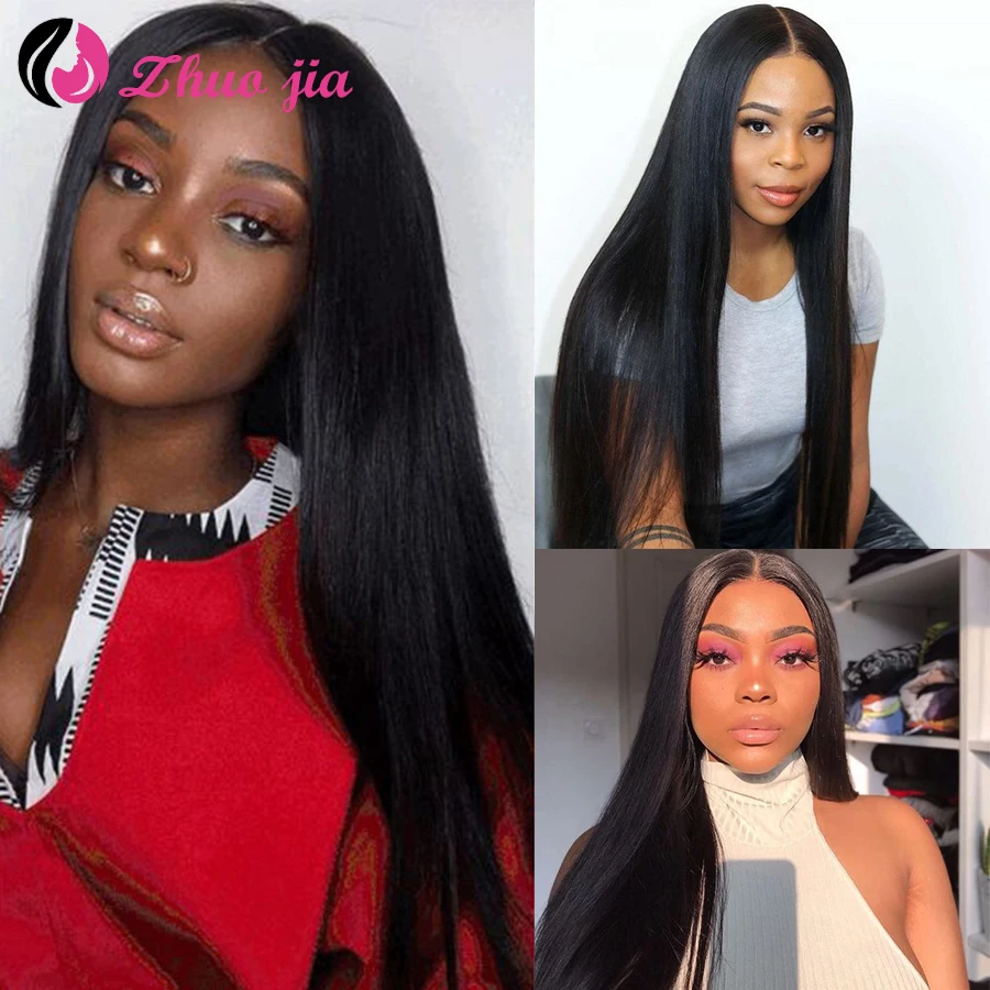 

ZHUO JIA Straight Hair Bundles With Closure Transparent Lace Closure Remy Brazilian Human Hair Weave 3 Bundles With Closure