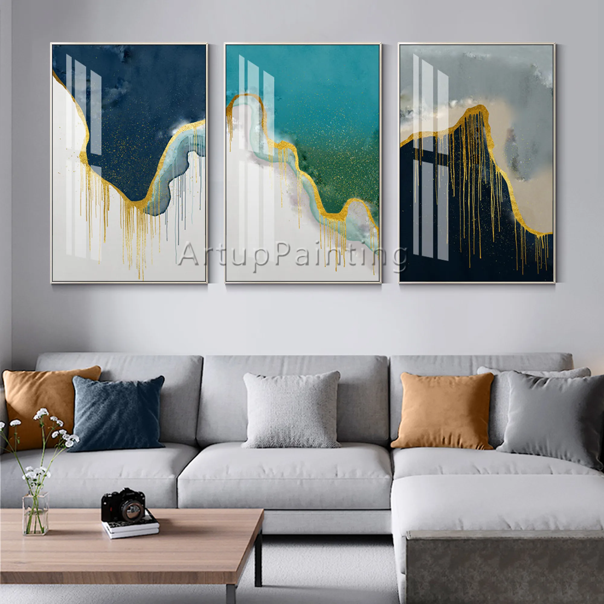 Набор из 3 современных абстрактных зеленых и белых масляных картин на холсте