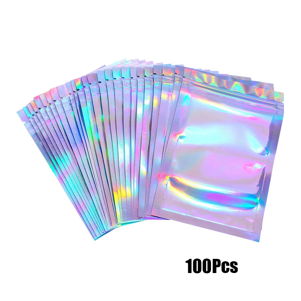 

100 pieces Storage Bags flat zipper bath salt cosmetic bag one side clear holographic Laser Mini aluminum foil zipper thick bags