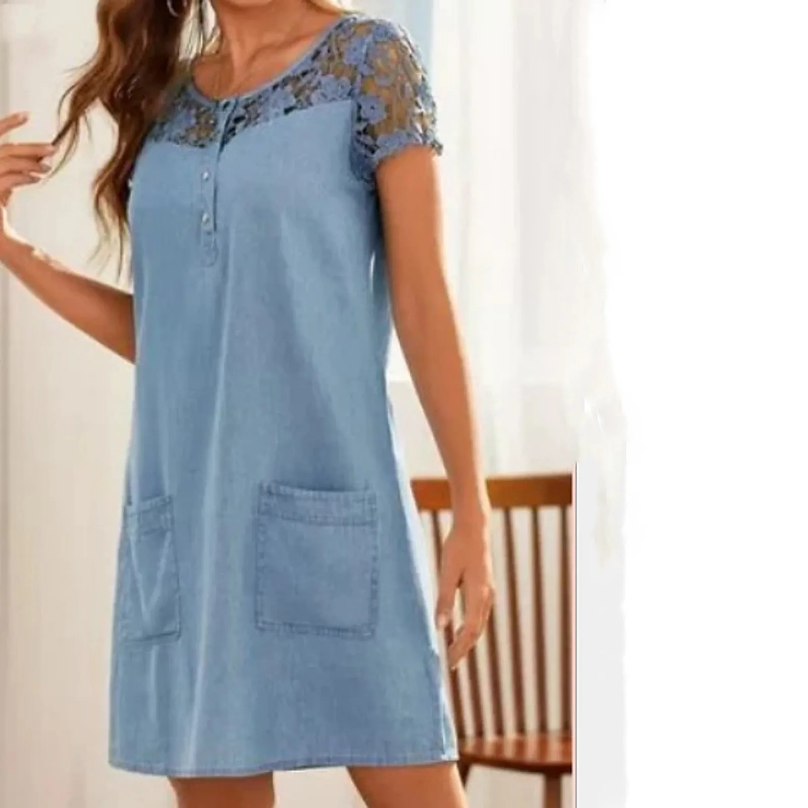 Short Dresses For Women Casual Elegant Plus Size V Neck Sleeve Dress Denim Faux Jean Pocket Solid Color Loose Skirt | Женская одежда