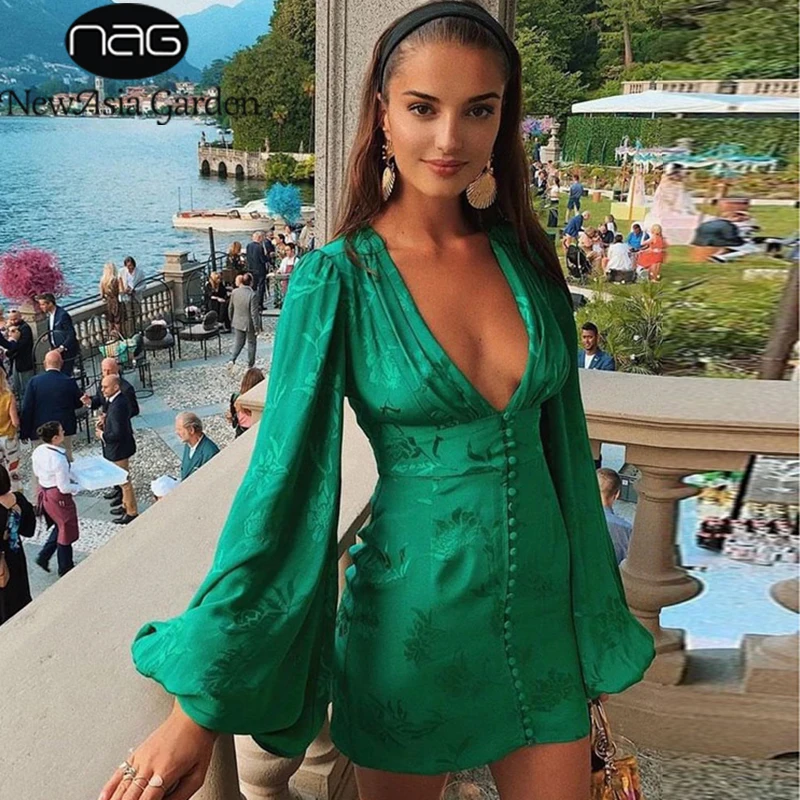 NewAsia садовое зеленое сексуальное платье для женщин длинный рукав фонарь Глубокий