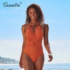 SEASELFIE красный кирпичный Цельный купальник с лямкой на шее для женщин сексуальный Монокини с V-образным вырезом и открытой спиной купальник 2021 пляжный купальный костюм Пляжная одежда