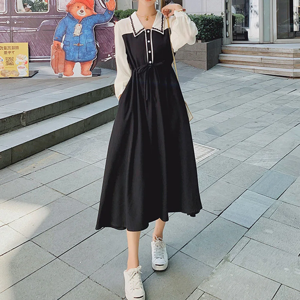 

Женское платье с длинным рукавом, повседневное длинное платье контрастных цветов с кукольным воротником, весна-осень 2021