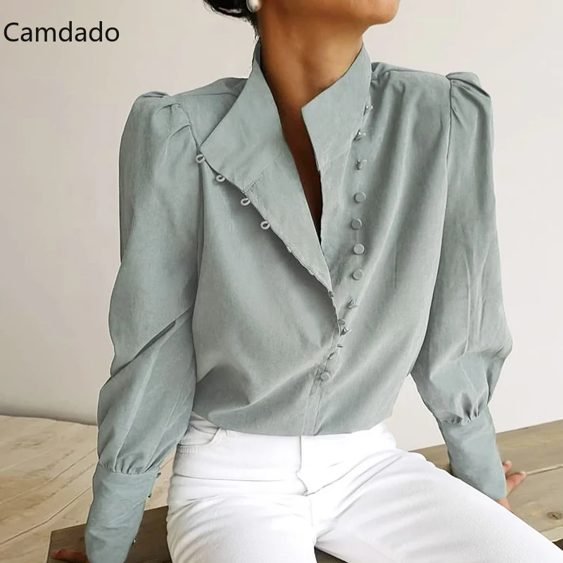 

Elegant Turtleneck Blouse Casual Solid Single-Breasted Puff Sleeve Womens Blouses Long Sleeve White Shirt Office Ladies Top 2021