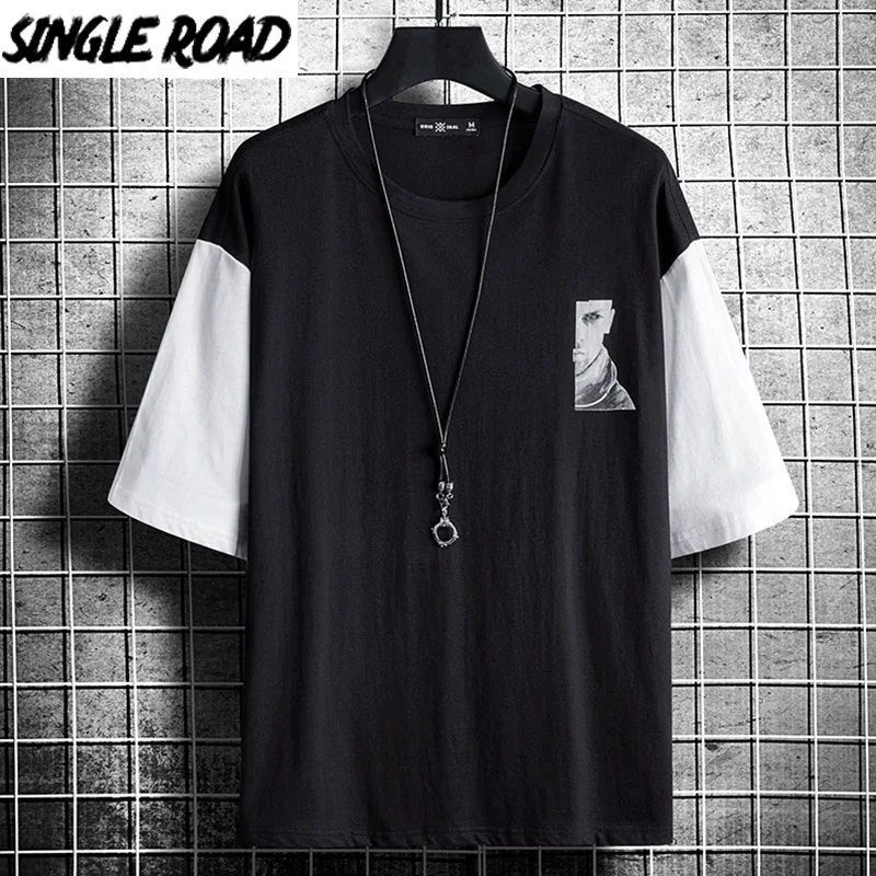 SingleRoad Мужская футболка для мужчин 2020 черная Лоскутная оверсайз хип хоп Японская