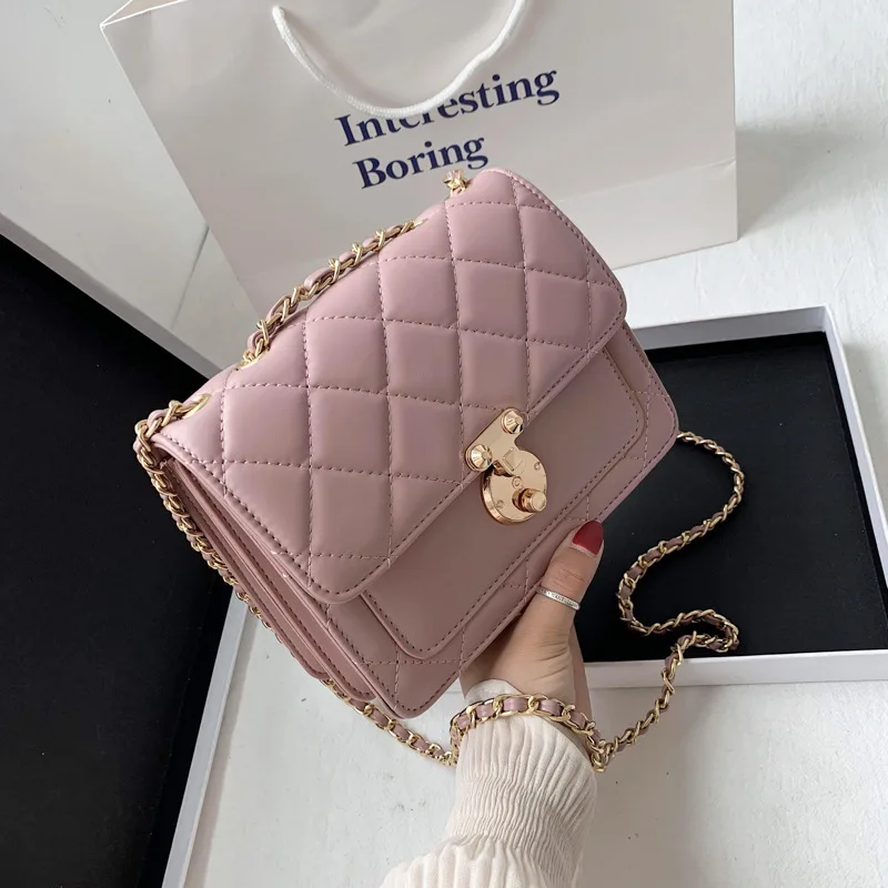 

Women's New Casual Lattice Chain Clamshell Crossbody Bags High Quality Fashion Lock Ring Pu Leather Hand Travel Shoulder Bags