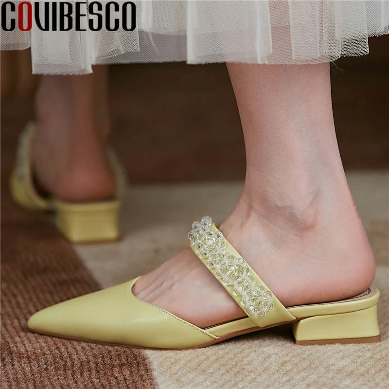 

COVIBESCO Casual Concise Women Sandals 2021 Summer Slippers Genuine Leather Mules String Bead Pointed Toe Low Heels Shoes Woman