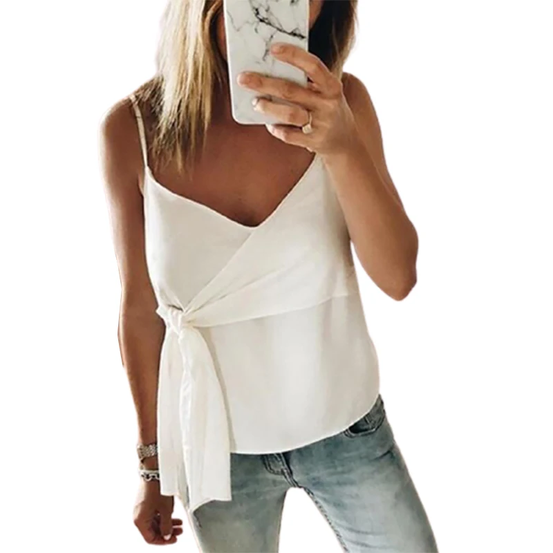 Рубашка женская на бретелях спагетти модный однотонный бандажный Топ без