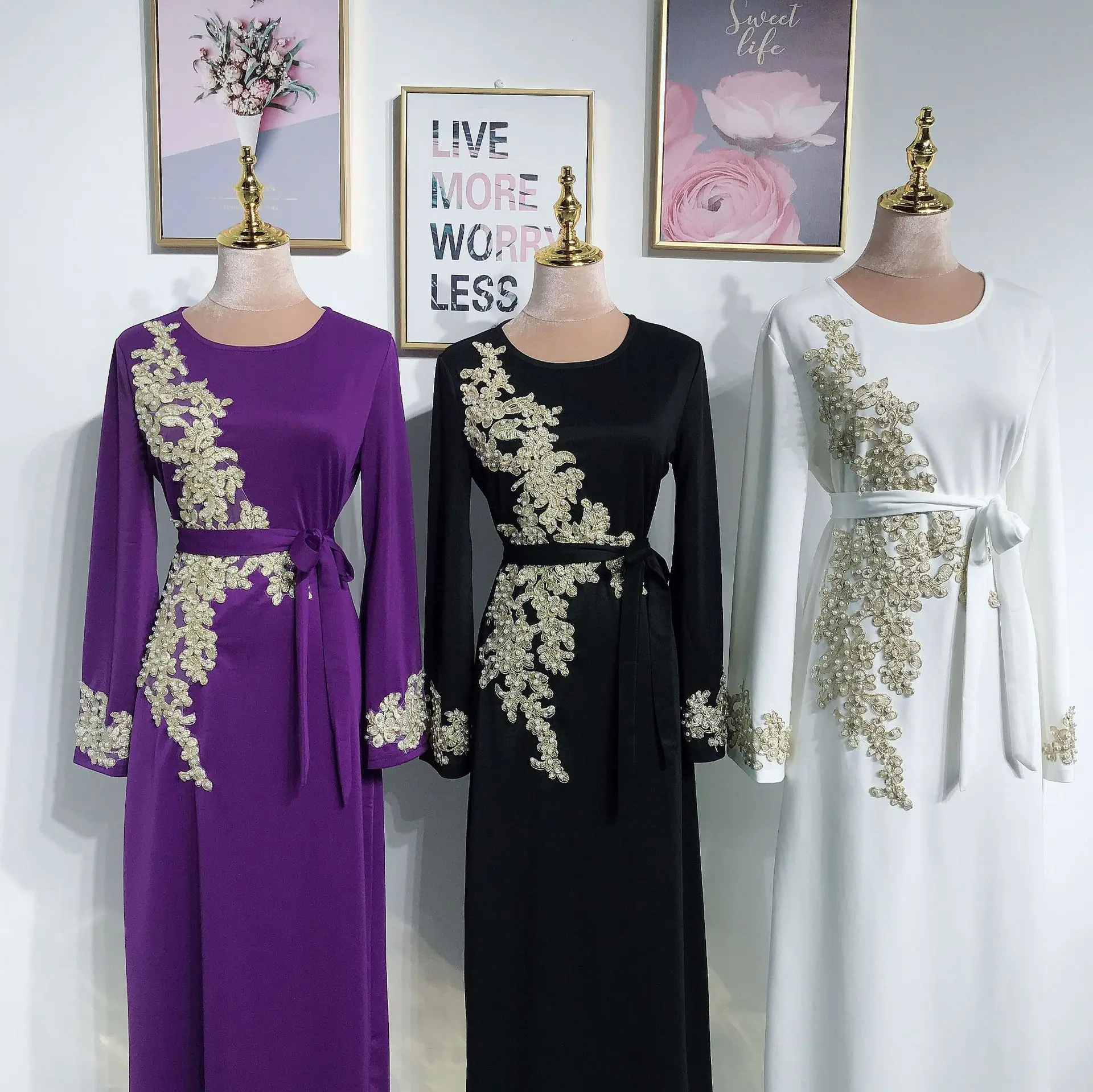 Женское вечернее платье с поясом Abaya длинное мусульманское макси аппликацией и
