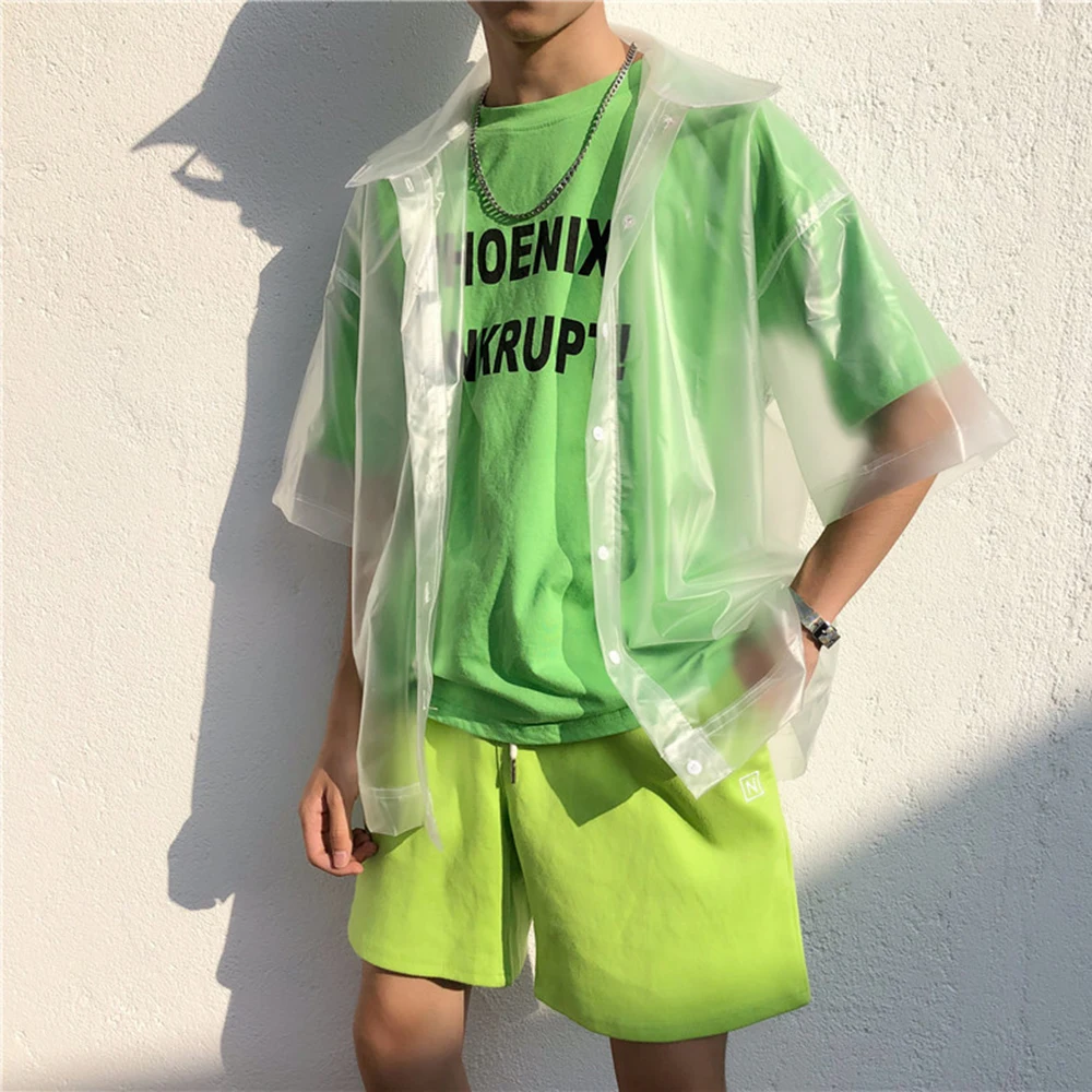 Fashion Men Shirt See Through Short Sleeve 2021 Streetwear Button Nightclub Party Shirts Men Lapel Sexy Tops Oversize Casual