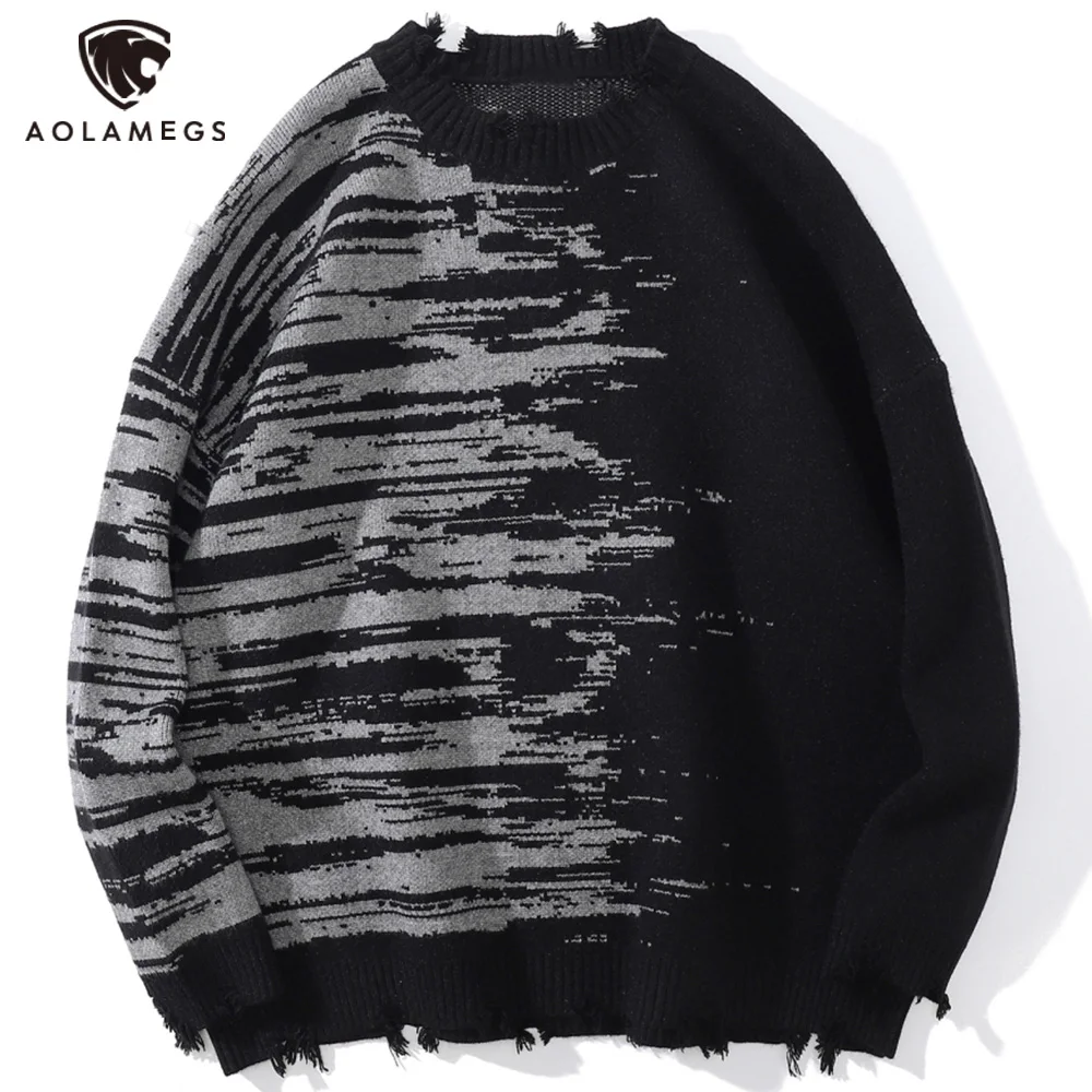 

Aolamegs Sweater Men Gradient Hole Ripped Knitted Pullover Autumn Casual O-Neck All-match Hipster High Street Jumper Streetwear