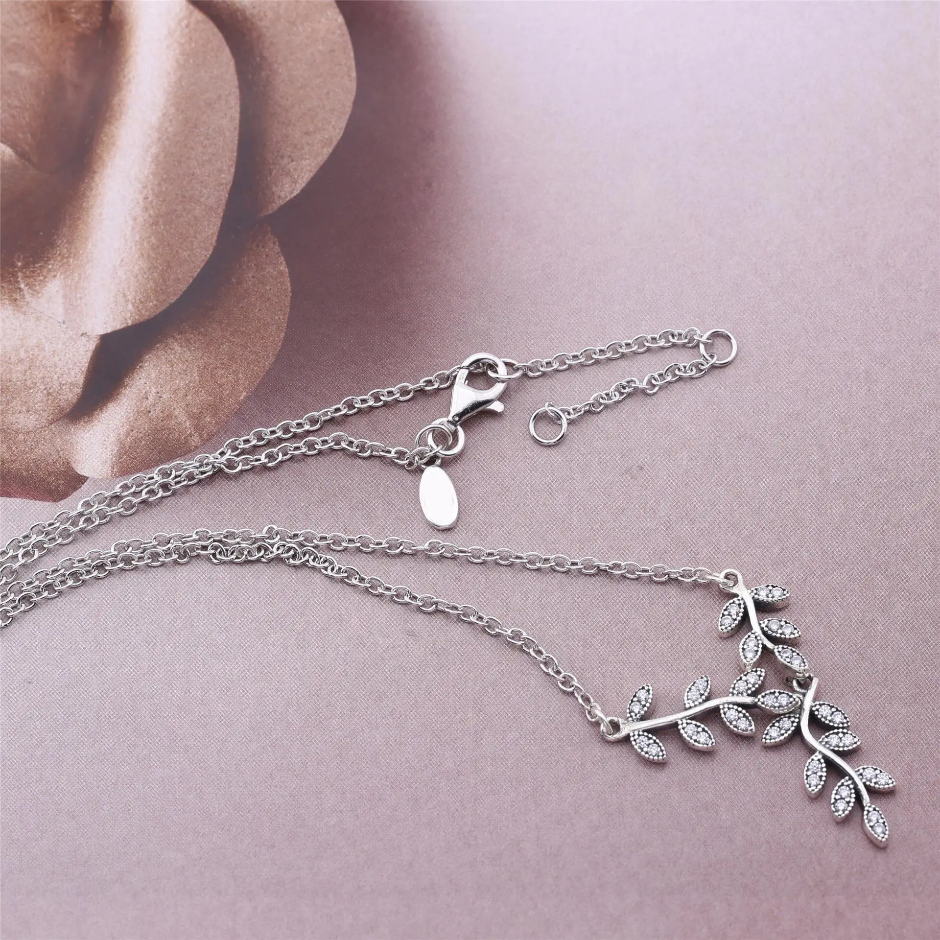 

Fashion Original 925 Sterling Silver Sparking Leaves Europe crystal chains Necklace For Women Bead Charm Birthday Gift Jewelry