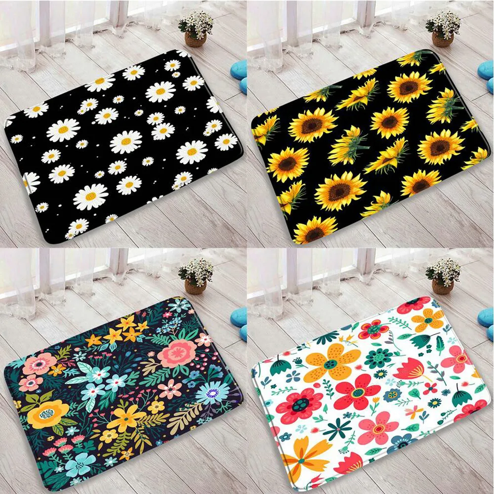 

Black Fabric Flower Printing Bath Mats Sunflower Daisy Flannel Home Non-slip Carpet Modern Art Design Bedroom Kitchen Floor Mat
