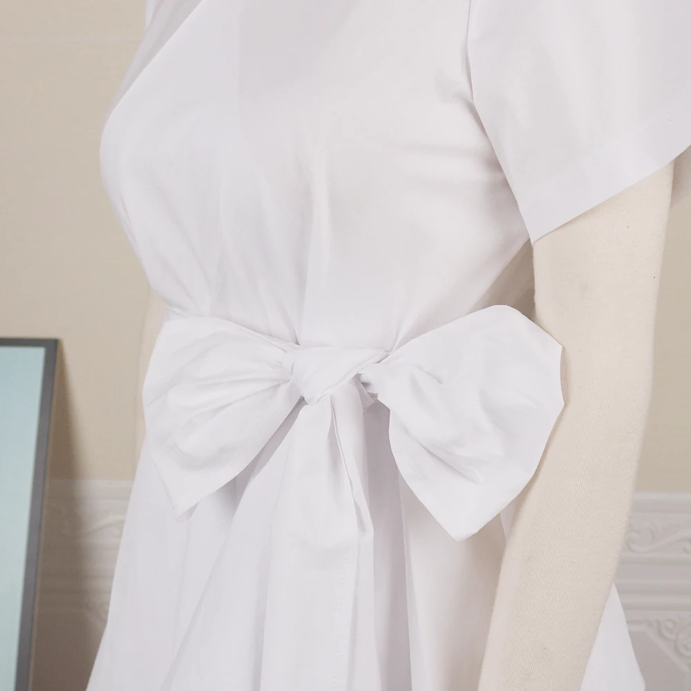 

White Blouse V Neck Short Sleeve Tops Office Ladies Summer Fashion Pleated Woman Shirts Plus Size with Waist Belt Dropshipping