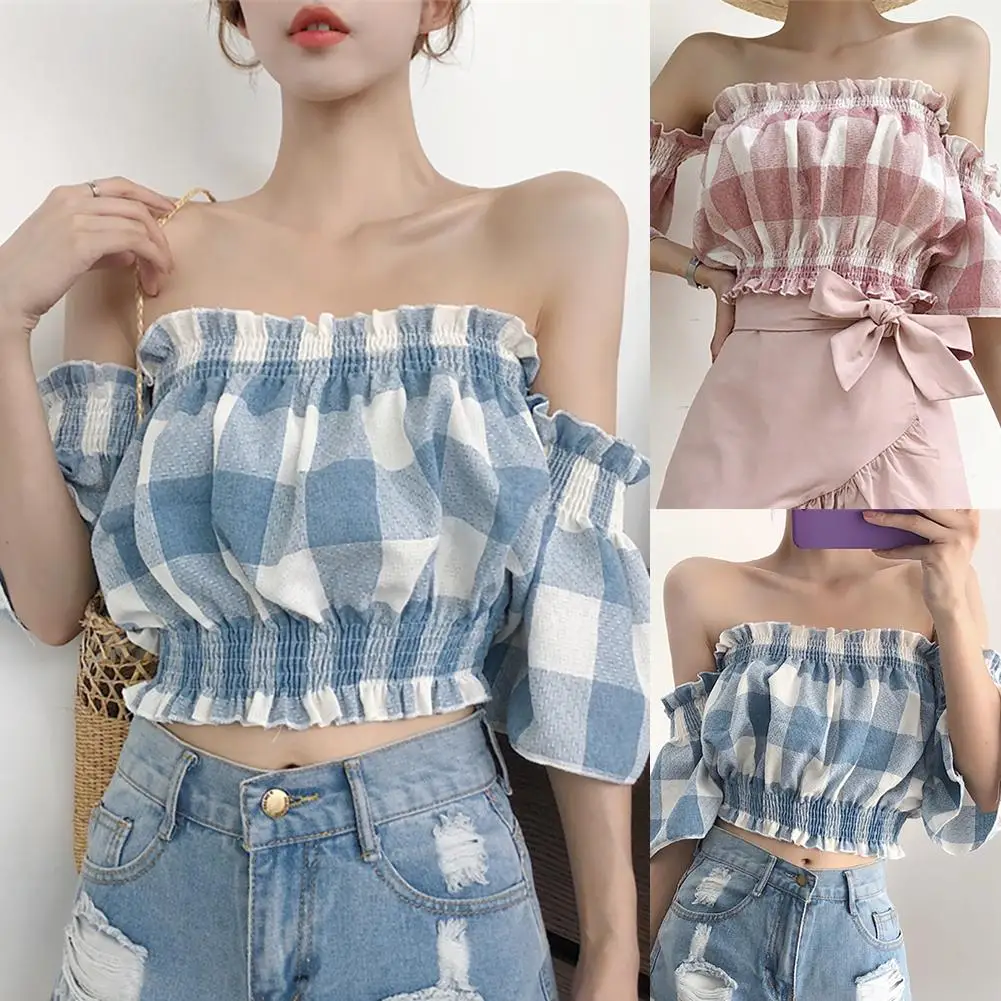 Girl Women Summer Ruffled Short Puff Sleeve Off Shoulder Blouse Shirt