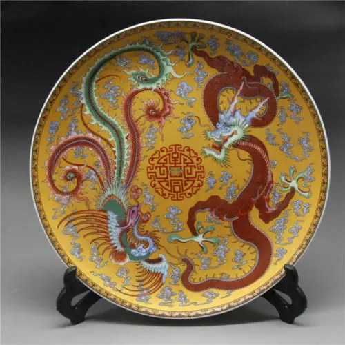 

Китайская роза, фарфор, окрашенная дракон и тарелка «Феникс» W Qianlong, коллекционные украшения, домашний декор, украшение для стола