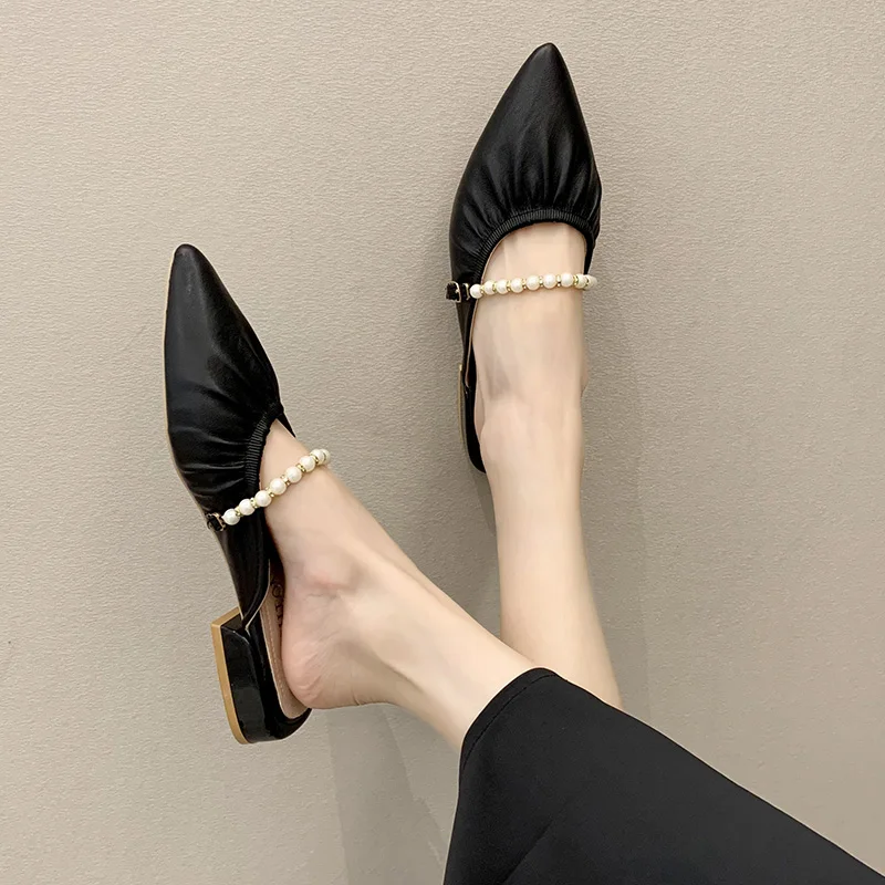 

Slippers Women Summer Female Shoes Low Luxury Slides Pointed Toe 2021 Designer Cover Rome PU Hoof Heels Sweet Elegant Female Sho