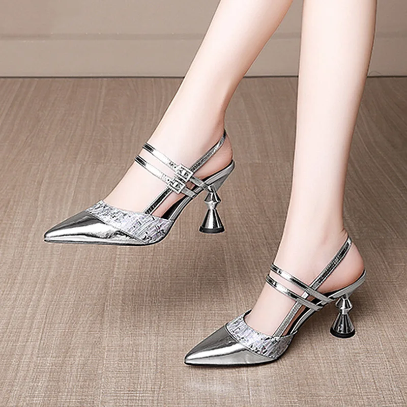 

Босоножки женские с двойной пряжкой, свадебные туфли серебристого цвета, заостренный носок, Классическая обувь, лето