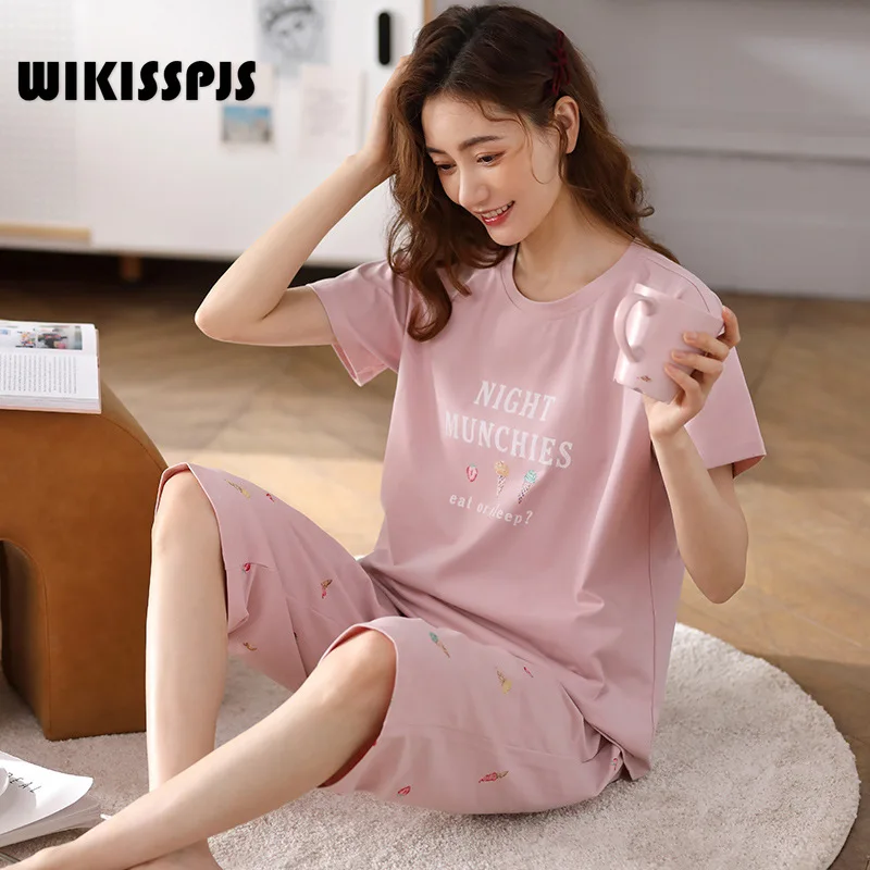 

WIKISSPJS, летний женский модал, пуловер с круглым вырезом, пижамы, милые Капри с коротким рукавом, комплект из двух предметов, домашний костюм, топы для сна, одежда для сна