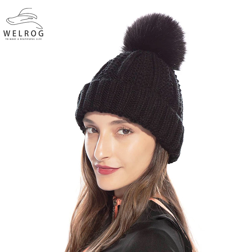 WELROG зимние однотонные шапки Элегантные вязаные с помпонами мягкие теплые