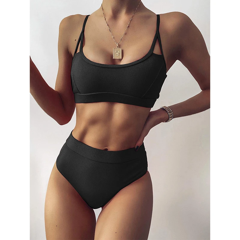 

High Waist Feminine Bikinis Ribbed Women's Swimsuit 2021 Swimwear Women Cut Out Bathing Suits Push Up Biquini Black Bikinis Set