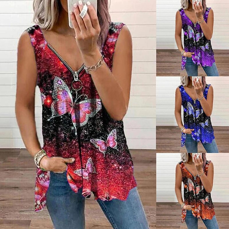 

Women Fashion V-Neck Zipper Butterfly Print Sexy Loose T-Shirt Vest Summer Sleeveless Tops Female