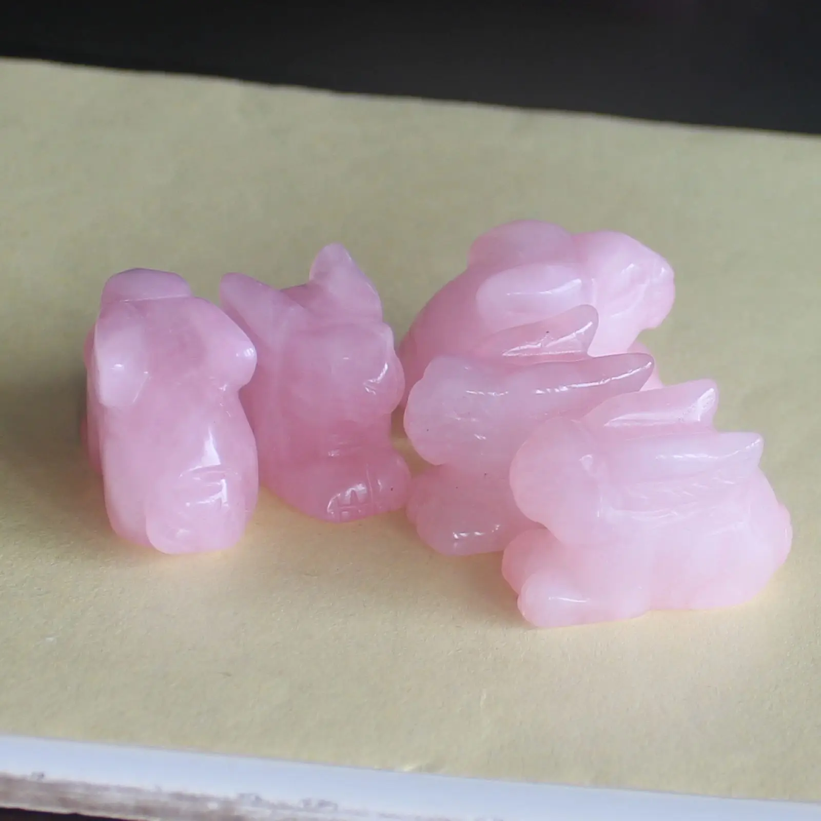 

(2pcs) Two Hand carved gemstone rose quartz rabbit bunny animal figurine animal carving