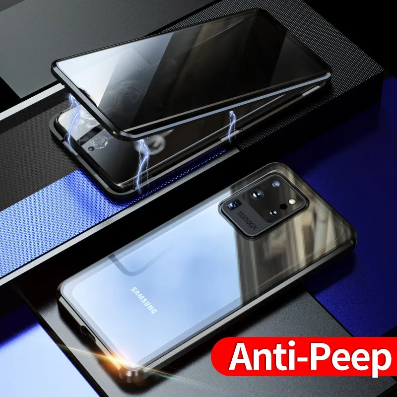 

Anti-peeping Metal Magnetic Transparent Double-sided Tempered Glass Phone Cases For Samsung Galaxy S20 Plus + Ultra Back Cover