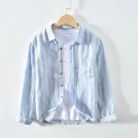 men spring summer fashion japan style high quality linen rainbow stripe long sleeve single breasted shirts male casual loose top