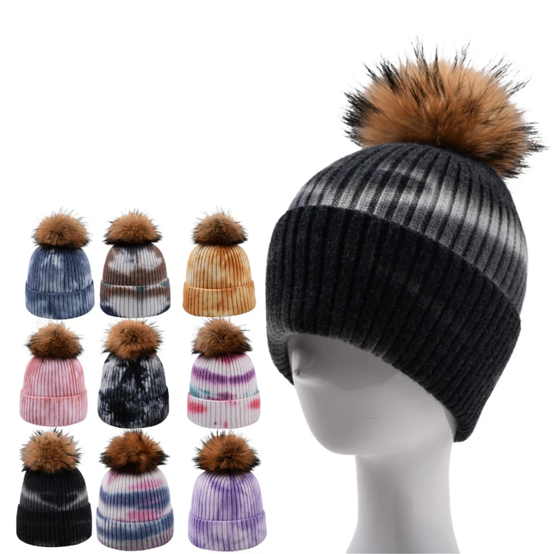 

Universal Winter Warm Ribbed Knit Hat With Detachable Fluffy Pompon Gradient Tie Dye Printing Harajuku Windproof Cuffs