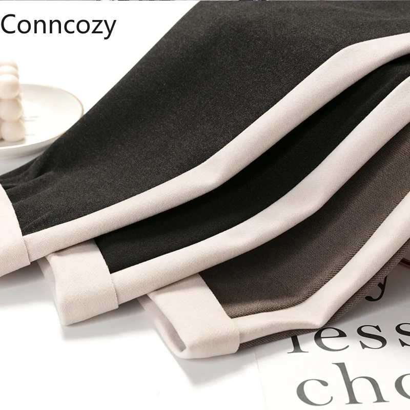 

Warm Thick Side Stripe Woolen Pants New High Waist Slim Casual Office Trousers Women's Autumn Winter Pocket Ankle Length Pants