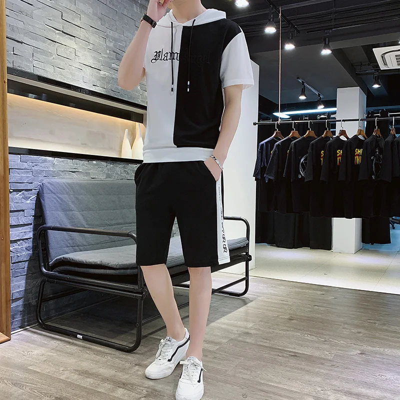 

2021 Summer Set Men Hooded Street Fashion Patchwork Print T-Shirt + Shorts New Casual Harajuku 2 PCS Set Tracksuit Student Wear