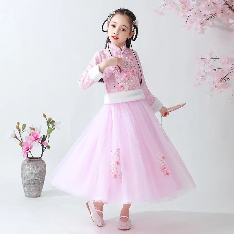 

Китайские девушки Hanfu вышивка бисером Ципао принцесса свадебное платье для вечеринки дети для выступления фотографии платья для танцев Нов...