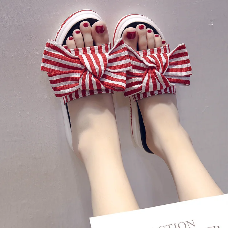 

Butterfly-Knot Shoes Woman 2021 Slippers Casual Pantofle Platform On A Wedge Med Gingham Luxury New Cotton Fabric Canvas Striped