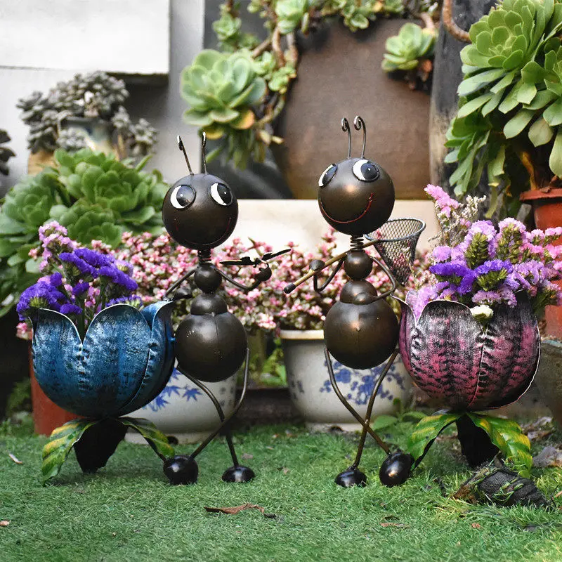 Pastoral Wrought Iron Ant Flower Pot Ornaments Balcony Farmhouse Courtyard Figurines Crafts Outdoor Villa Accessories Decoration