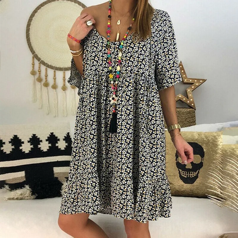 

Casual dress women Knee-Length Flare Sleeve V-Neck Loose Floral Print Various colors summer dress for women