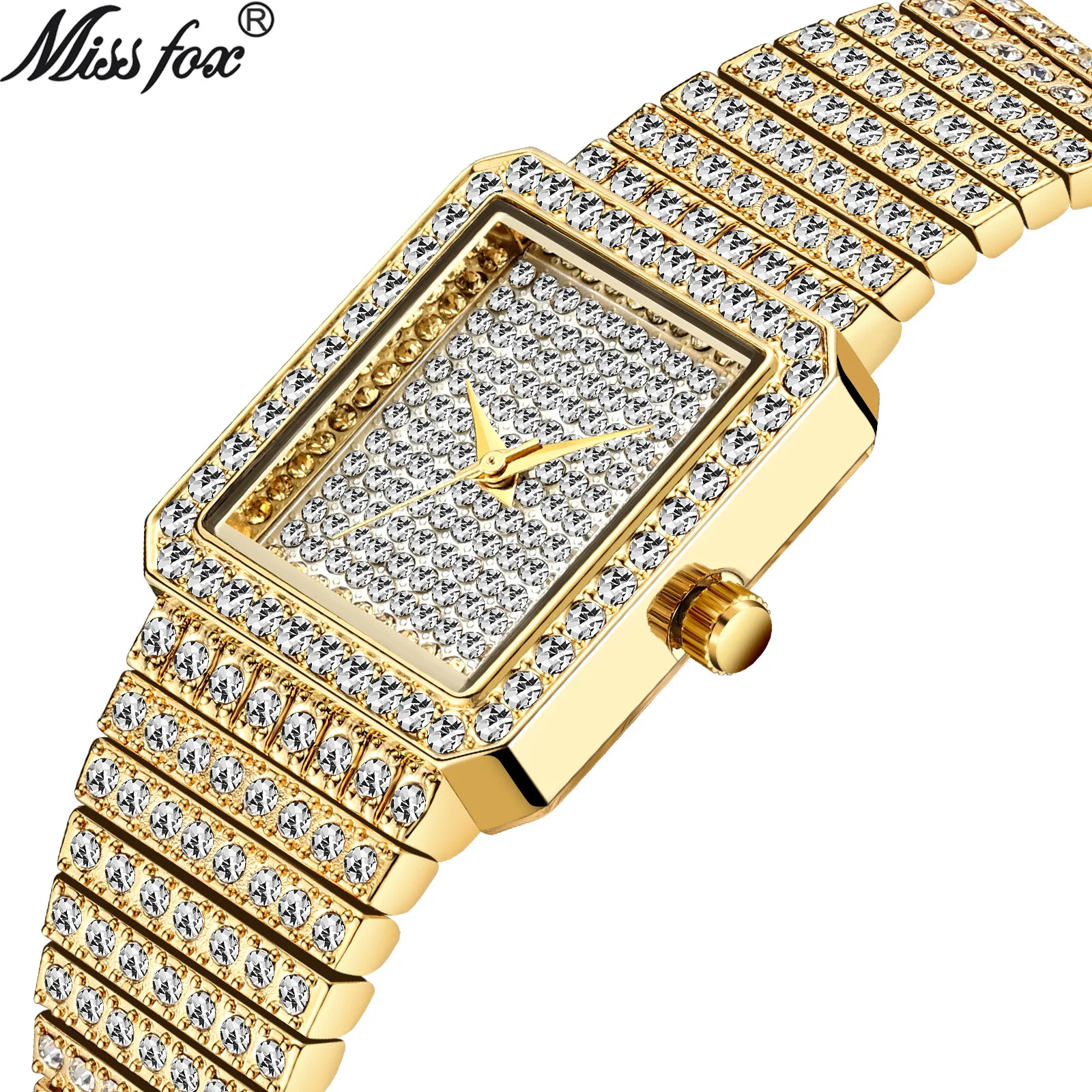 

MISSFOX Diamond Watch For Women Luxury Brand Ladies Gold Square Watch Minimalist Analog Quartz Movt Unique Female Iced Out Watch