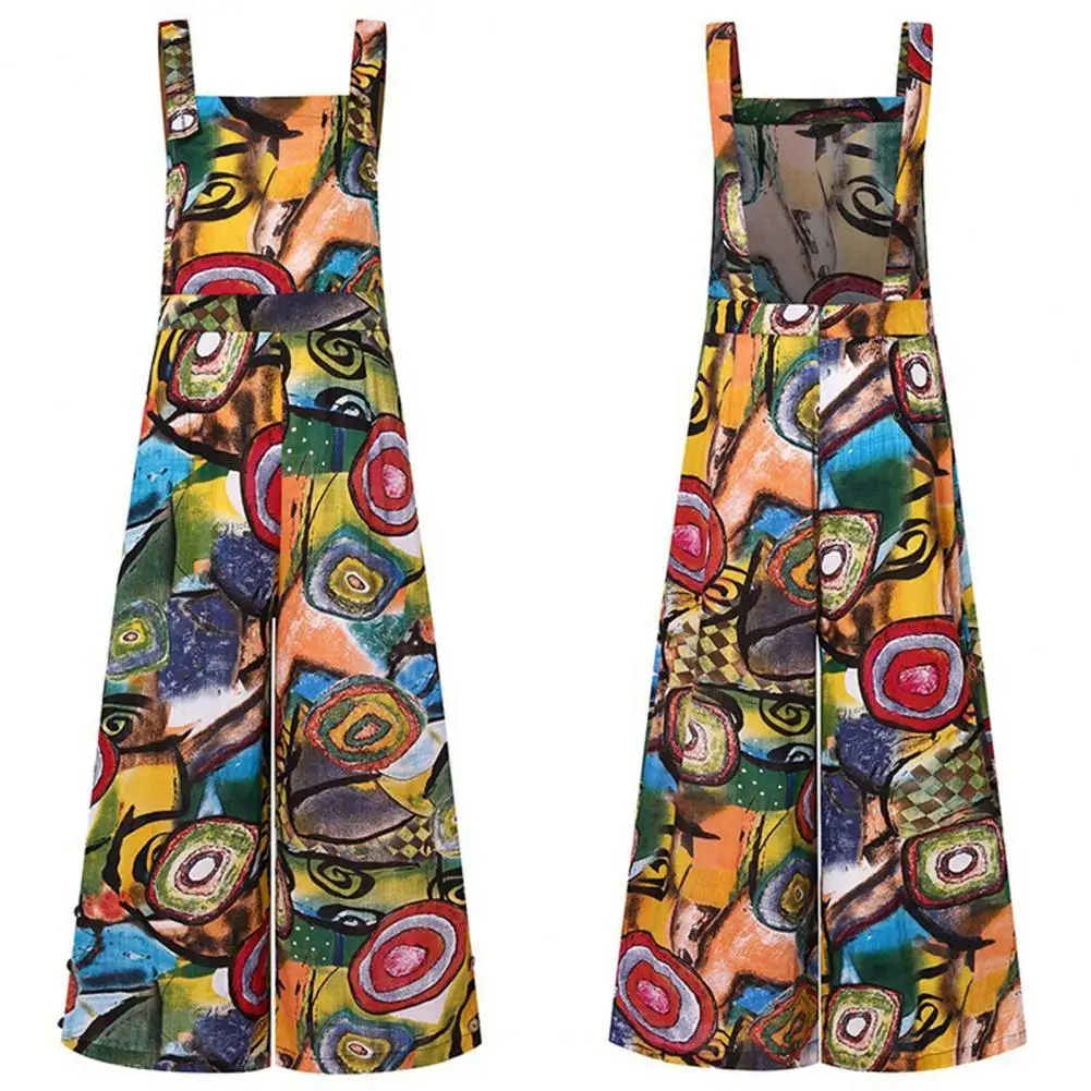 

2021 Women Summer Harem Overall Jumpsuit Sling Playsuit Abstract Oil Painting Print Wide Leg Middle Waist Square Collar Romper