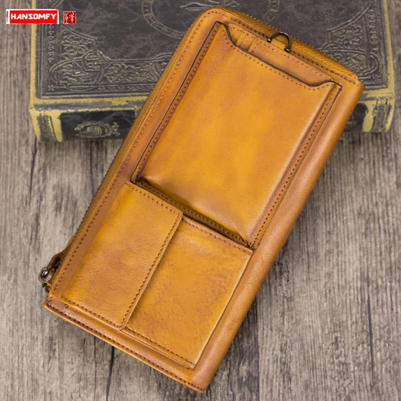 Retro Men's Wallet Card Holder Wallets Long Zipper Tide Brand Large Capacity Purse Phone Clutch Bag First Layer Leather Men Male