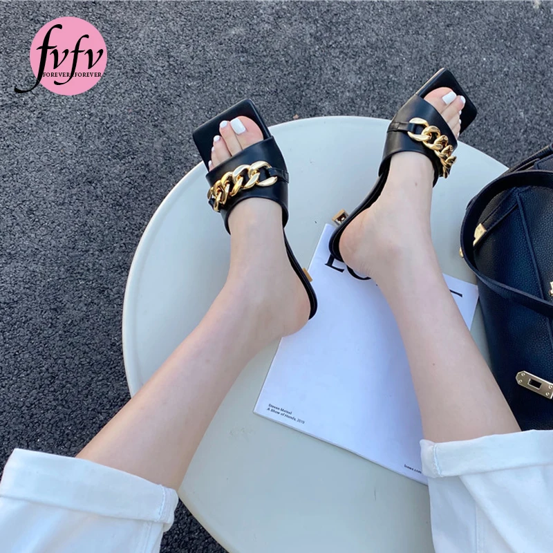 

[fvfv]Summer women's sandals 2021 new one line belt high heel sandal metal decoration fashion comfortable women's shoes 6cm