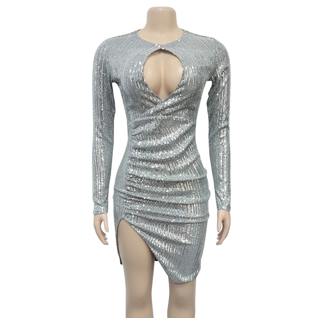 Сексуальное блестящее женское вечернее платье с вырезами Клубное блестками
