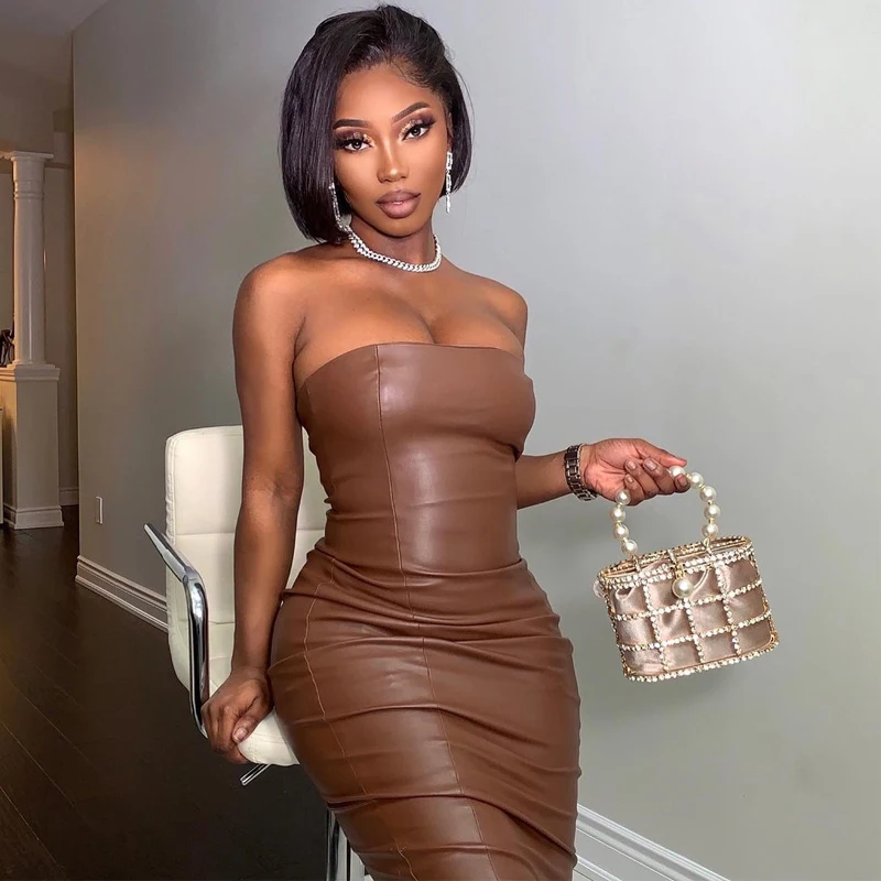 

High Quality Strapless Stretch PU Bodycon Dress Sexy Midi Back Slit Black Chocolate Solid Elegant Outfit Party Leather Dress