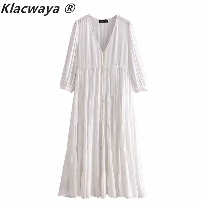 

Klacwaya Summer Dresses Za 2021 White Pleated Long Dress Women Puff Sleeve Ruched Midi Dress Woman Button Ruffle Casual Dresses