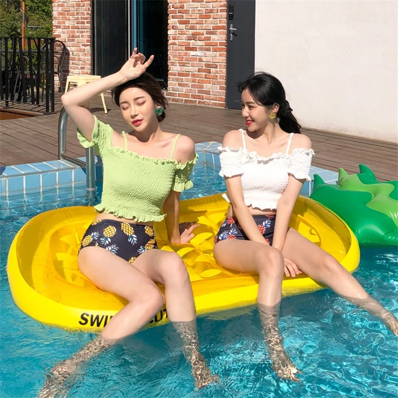 

2021 New Fashion Two Piece Swimwear Women Off-shoulder Ruffled Short Sleeve High Waist Beach Bathing Summer Swimming Suit